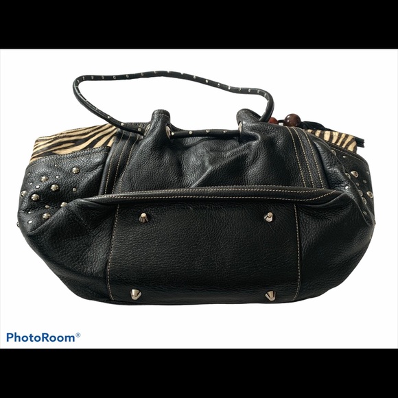 Sharif leather bag black fringe beads zebra stud - Picture 3 of 5